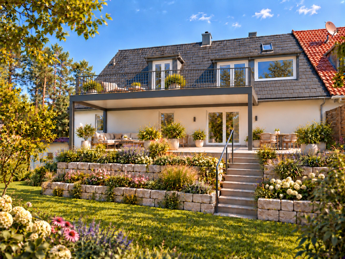 Geplante Gartenansicht des Vorderhauses mit Pergola und Dachterrasse